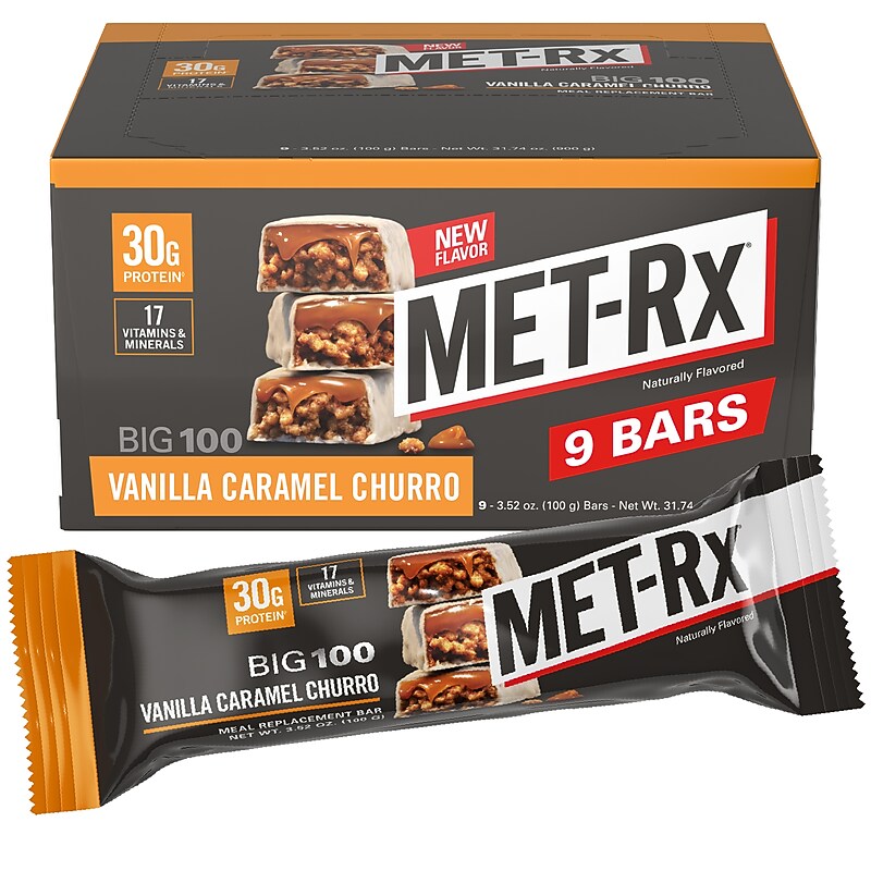 MET-Rx Gluten Free Vanilla Caramel Churro Protein Bar, 9 Bars/Box (080442) image 1