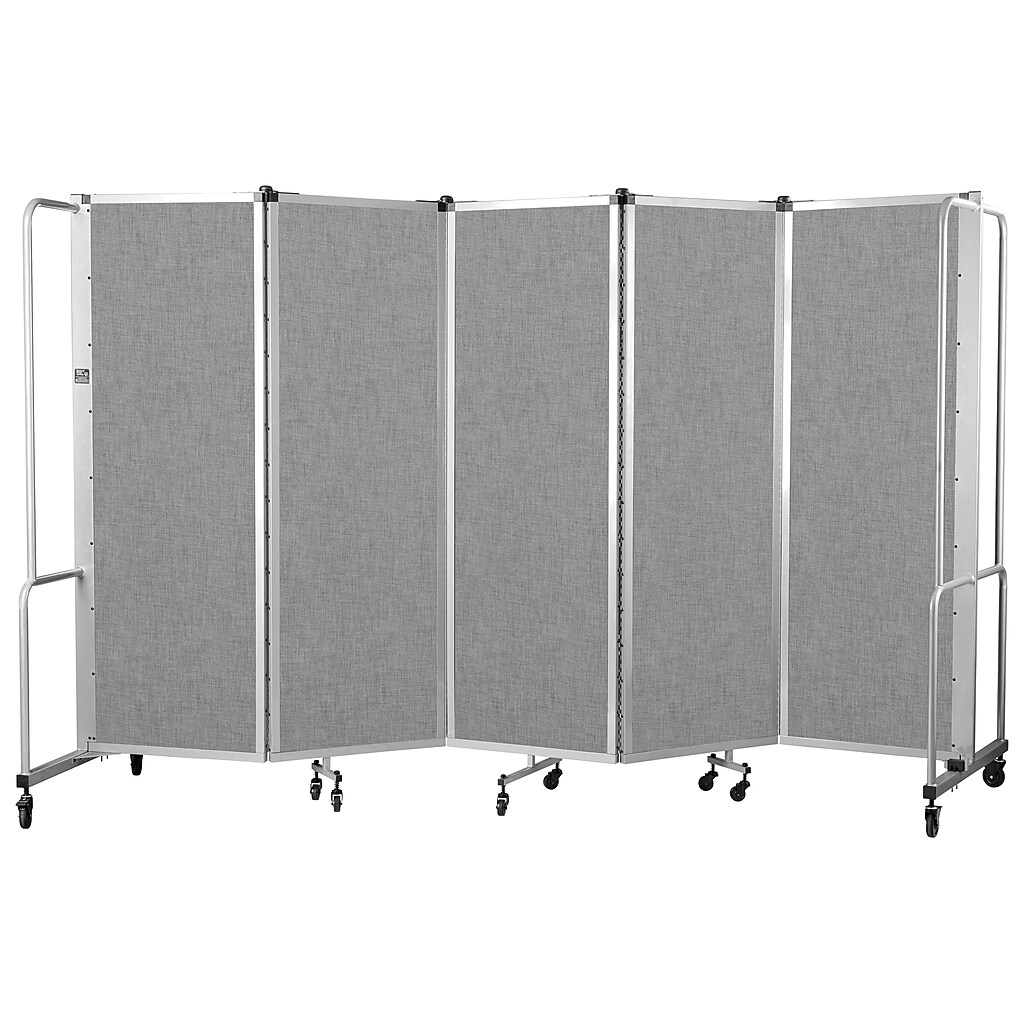 Foldable room divider on wheels with five panels fully opened