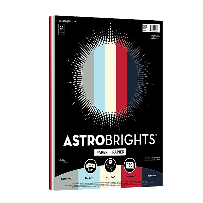 Astrobrights 8.5" x 11" Colored Paper, 24 lbs., Americana Assortment, 160 Sheets/Ream (91763) image 1