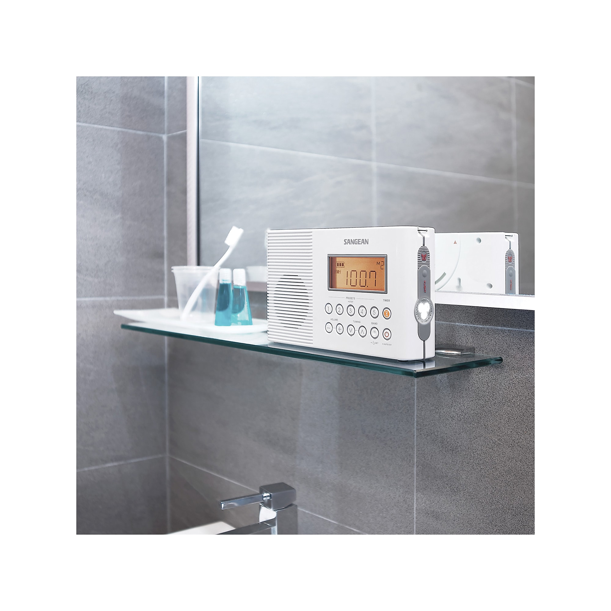 Sangean Wireless Portable 3-Band AM/FM/Weather-Alert Shower Clock Radio, Water Resistant, White (H201) Sansujyuku sansujyuku.com