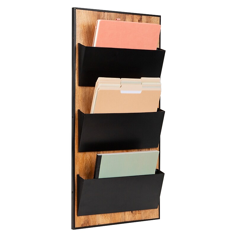 Mind Reader 3-Pocket Wood and Metal Wall Mountable Wall File, Letter Size, Black (WALLPOCKET-BLK) image 1