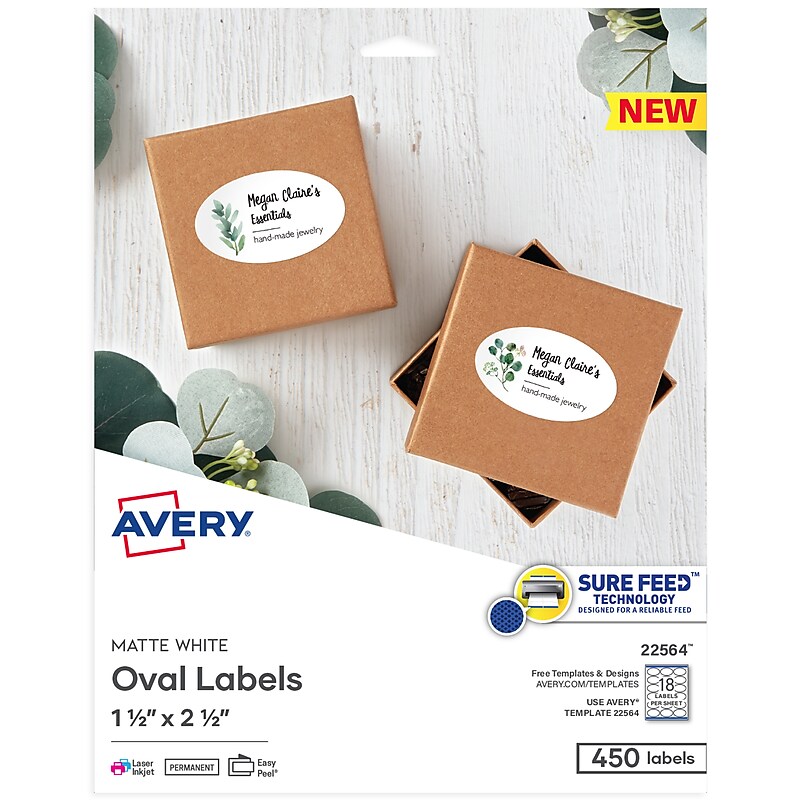 Avery Print-to-the-Edge Laser/Inkjet Oval Labels, 1 1/2" x 2 1/2", White, 450 Labels/Pack (22564) image 1