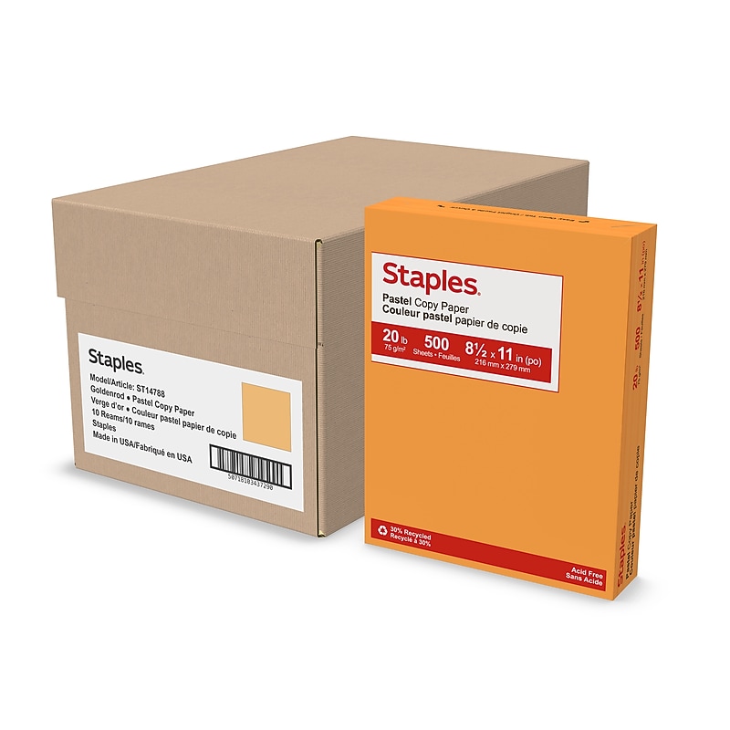 Staples Pastel 30% Recycled 8.5" x 11" Color Copy Paper, 20 Lbs., Goldenrod, 5000 Sheets/Carton (14788-AA) image 1