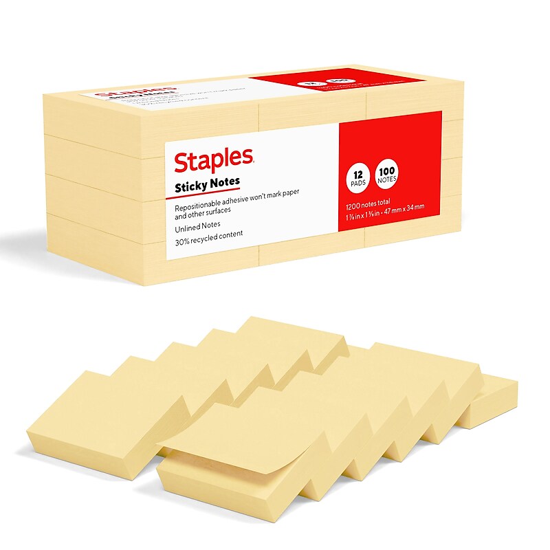 Staples Sticky Notes, 1 3/8" x 1 7/8", Sunshine Collection, 100 Sheets/Pad, 12 Pads/Pack (ST62864) image 1