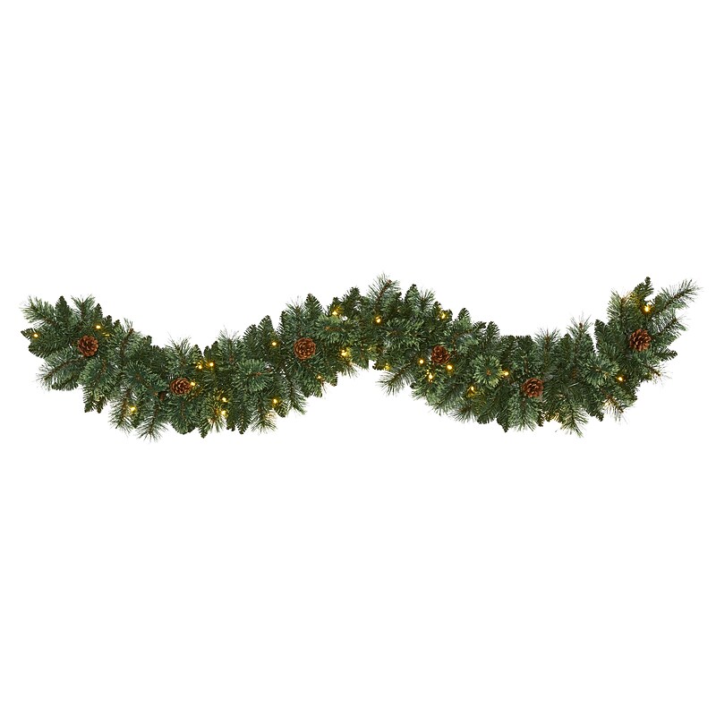 Nearly Natural 6' White Mountain Pine Artificial Garland with 35 White Warm LED Lights and Pinecones (W1101) image 1