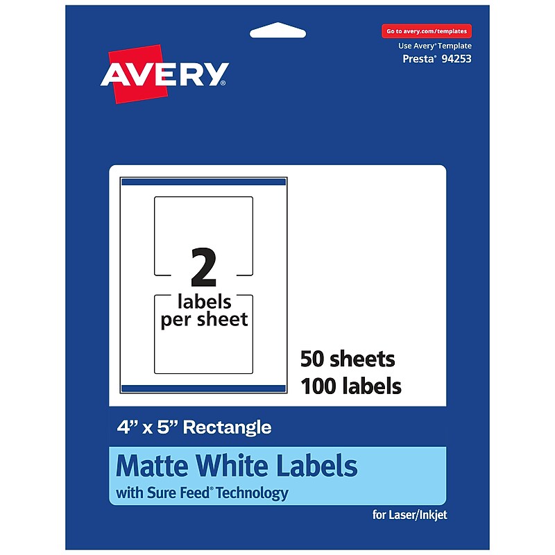 Avery Laser/Inkjet Multipurpose Rectangle Labels, 4" x 5", White, 100 Labels/Box (94253) image 1