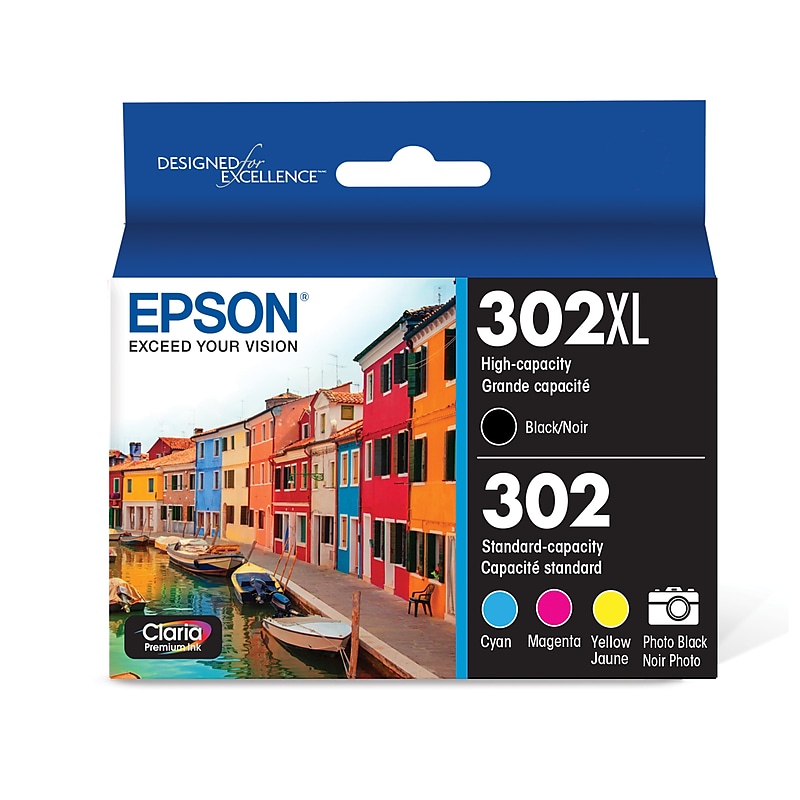 Epson T302XL/T302 Black High Yield and Cyan/Magenta/Yellow Standard Yield Ink Cartridge, 5/Pack (T302XL-BCS) image 1