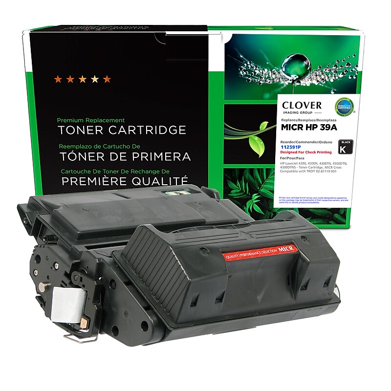 Clover Remanufactured Black Standard Yield MICR Toner Cartridge Replacement for HP 39A (Q1339A(M)/02-81119-001) image 1