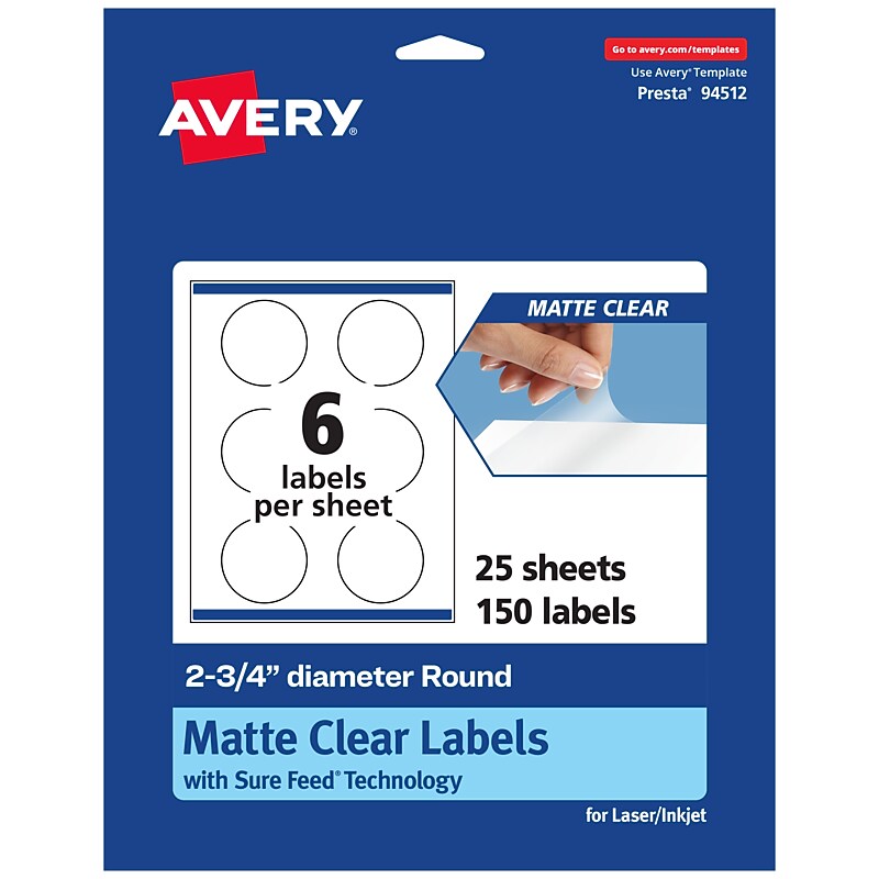 Avery Laser/Inkjet Circle Multipurpose Labels, 2-3/4" Dia., Clear, 150/Pack (94512) image 1