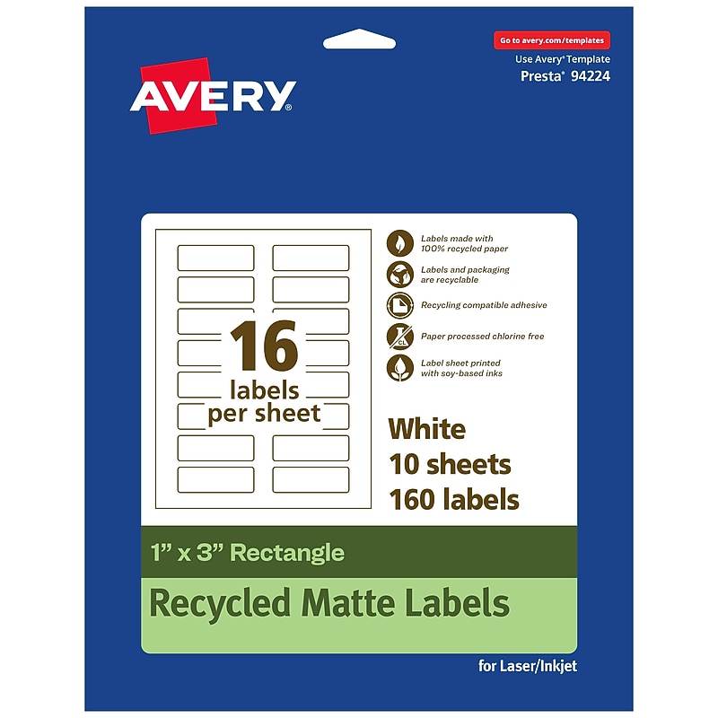 Avery EcoFriendly Laser/Inkjet Rectangle Multipurpose Labels, 1" x 3", White, 160/Pack (94224) image 1