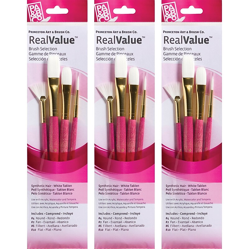 Princeton RealValue Mixed Media Synthetic Taklon Variety Brush Set, Assorted, Pink, 4/Set, 3 Sets/Bundle (PBXPR9182-3) image 1