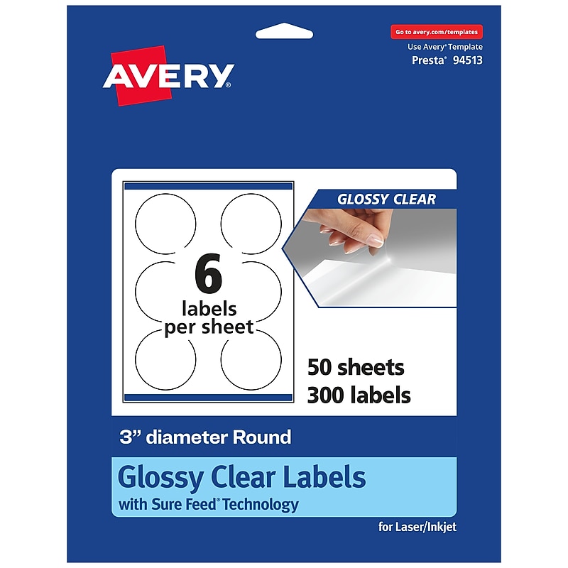 Avery Laser/Inkjet Round Multipurpose Labels, 3" Dia., Clear, 300 Labels/Box (94513) image 1