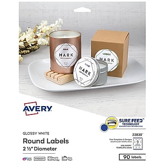 Avery Print-to-the-Edge Laser/Inkjet Labels, 2 1/2" Diameter, White, 9 Labels/Sheet, 10 Sheets/Pack, 90 Labels/Pack (22830)