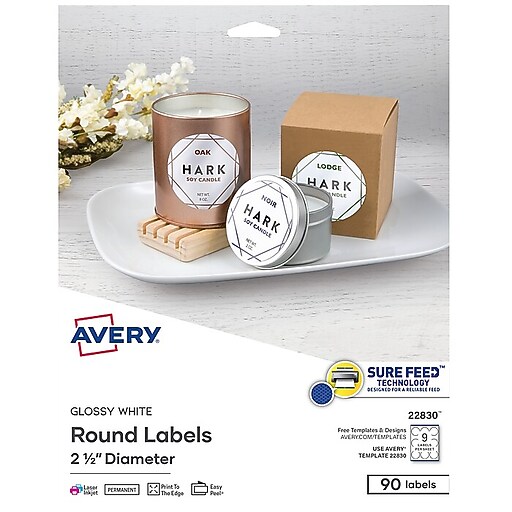 Avery Printable Laser/Inkjet Round Labels with Sure Feed, 2.5" Diameter,  Glossy White, 90 Labels Per Pack (22830) | Staples