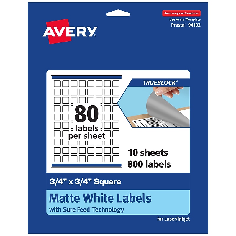Avery TrueBlock Laser/Inkjet Multipurpose Labels, 0.75" x 0.75", White, 80 Labels/Sheet, 10 Sheets/Pack (94102-TWMP10) image 1