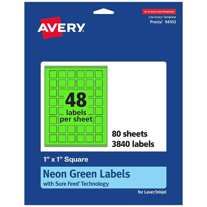 Avery Laser/Inkjet Multipurpose Square Labels, 1" x 1", Neon Green, 3840/Box (94103) image 1