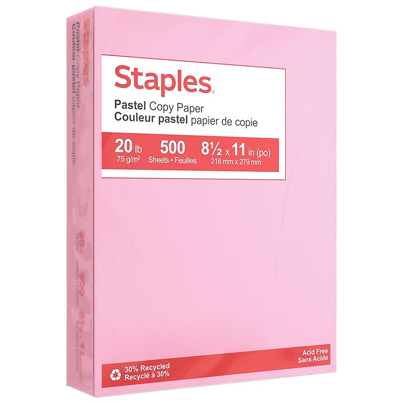 Staples Pastel 30% Recycled Color Copy Paper, 20 lbs., 8.5" x 11", Pink, 500/Ream (14779) image 1