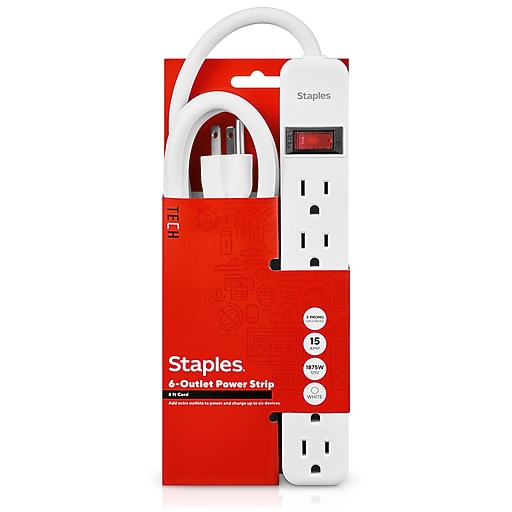 Staples TECH 6-Outlet Power Strip, 6' Cord, White (17651) | Staples
