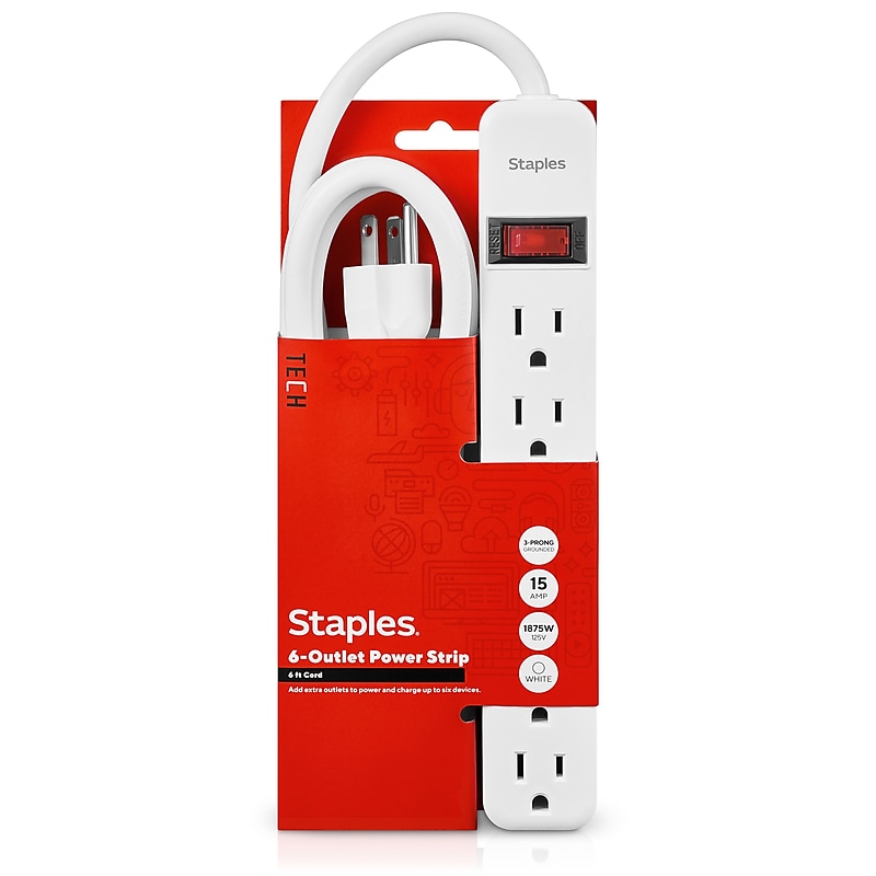 Staples TECH 6-Outlet Power Strip, 6' Cord, White (17651) image 1