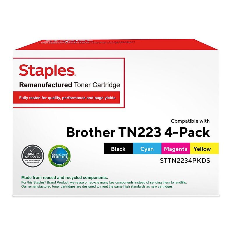 Staples TN-223 Reman Bk, Cy, Mg, Yl Standard Yield Toner Cartridge Replacement for Brother TN2234PK, 4/Pack image 1