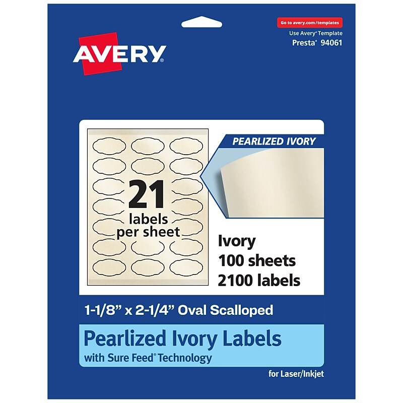 Avery Pearlized Ivory Decorative Edge Multipurpose Labels, 1-1/8" x 2-1/4", Ivory, 2100/Box (94061) image 1