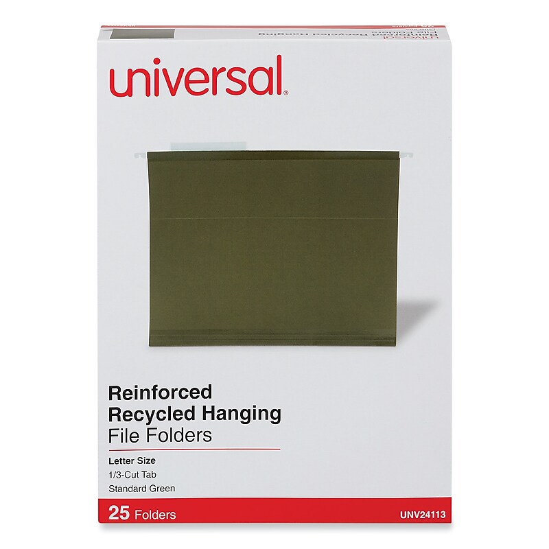 Universal Recycled Hanging File Folder, 1/3 Cut Tab, Letter Size, Standard Green, 25/Box (UNV24113) image 1