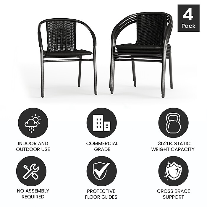 Flash Furniture Rattan Stacking Patio Chairs Black 4 Pack 4TLH037BK Staples