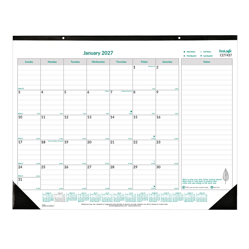 2027 Brownline EcoLogix 22" x 17" Monthly Desk Pad Calendar, White/Green (C177437-27) image 1