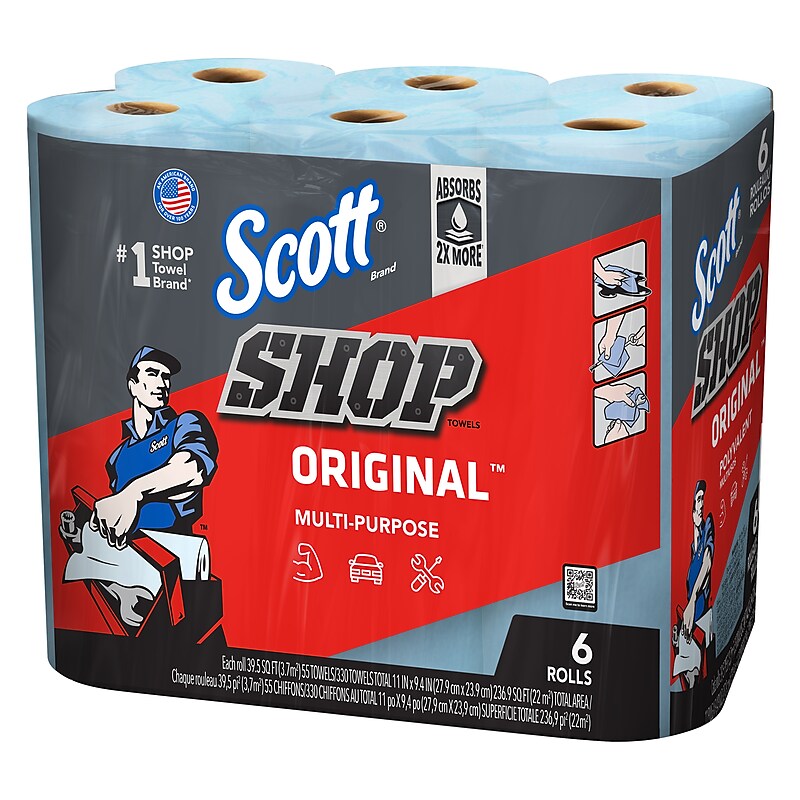 Scott Shop Towels Original, 9.4" x 11", Blue, 55 Sheets/Roll, 6 Rolls/Pack (75180) image 1