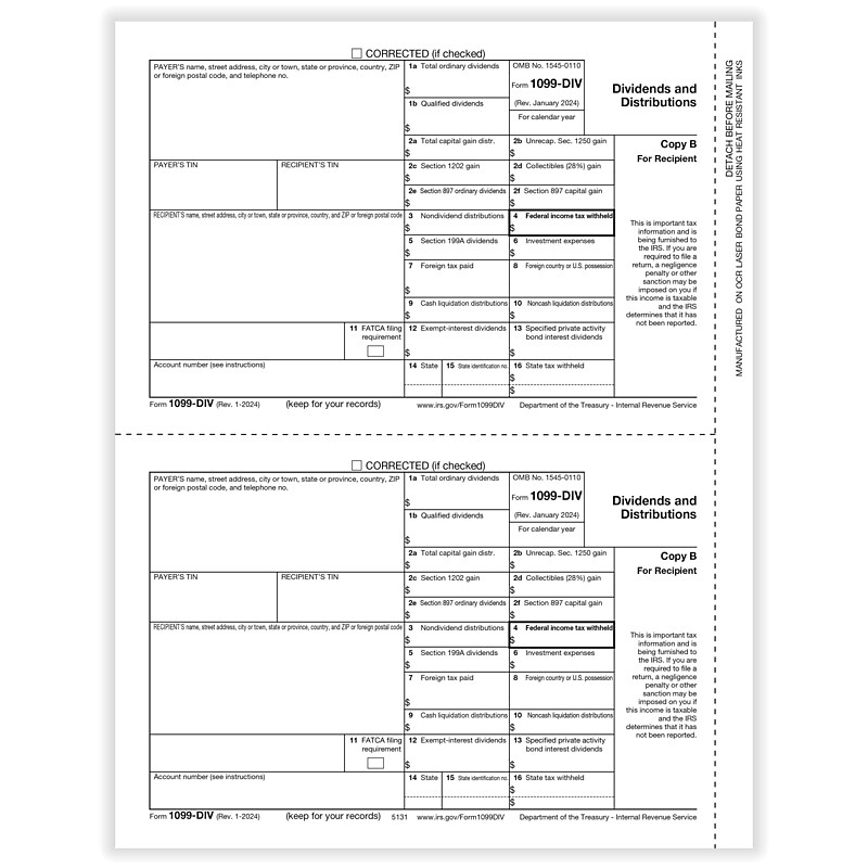 ComplyRight 2025 1099-DIV Tax Form, 1-Part, 2-Up, Recipient Copy B, 50/Pack (513150) image 1