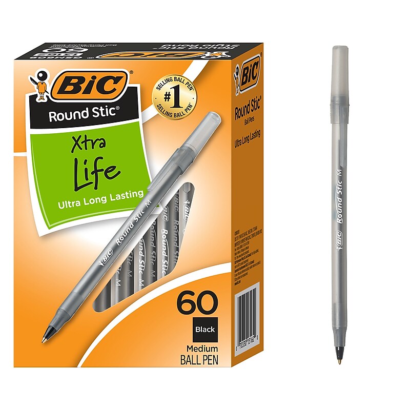 BIC Round Stic Xtra-Life Ballpoint Pen, Medium Point, 1.0mm, Black Ink, 60/Pack (GSM609-BLK) image 1