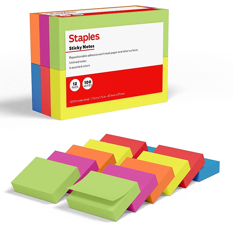 Staples Sticky Notes, 1 7/8" x 1 7/8", Summer Breeze Collection, 100 Sheets/Pad, 12 Pads/Pack (ST62866) image 1