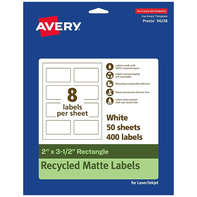 Avery EcoFriendly Laser/Inkjet Rectangle Multipurpose Labels, 2" x 3-1/2", White, 400/Box (94238) image 1