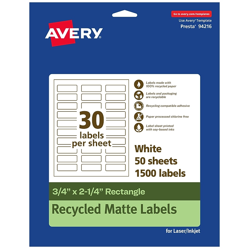Avery EcoFriendly Laser/Inkjet Rectangle Multipurpose Labels, 3/4" x 2-1/4", White, 1500/Box (94216) image 1