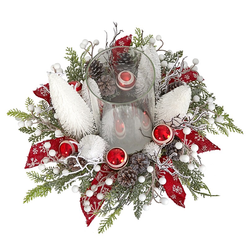 Nearly Natural Artificial Holiday Lighted Forest Candle Holder Table Christmas Arrangement, 15" (A1839) image 1