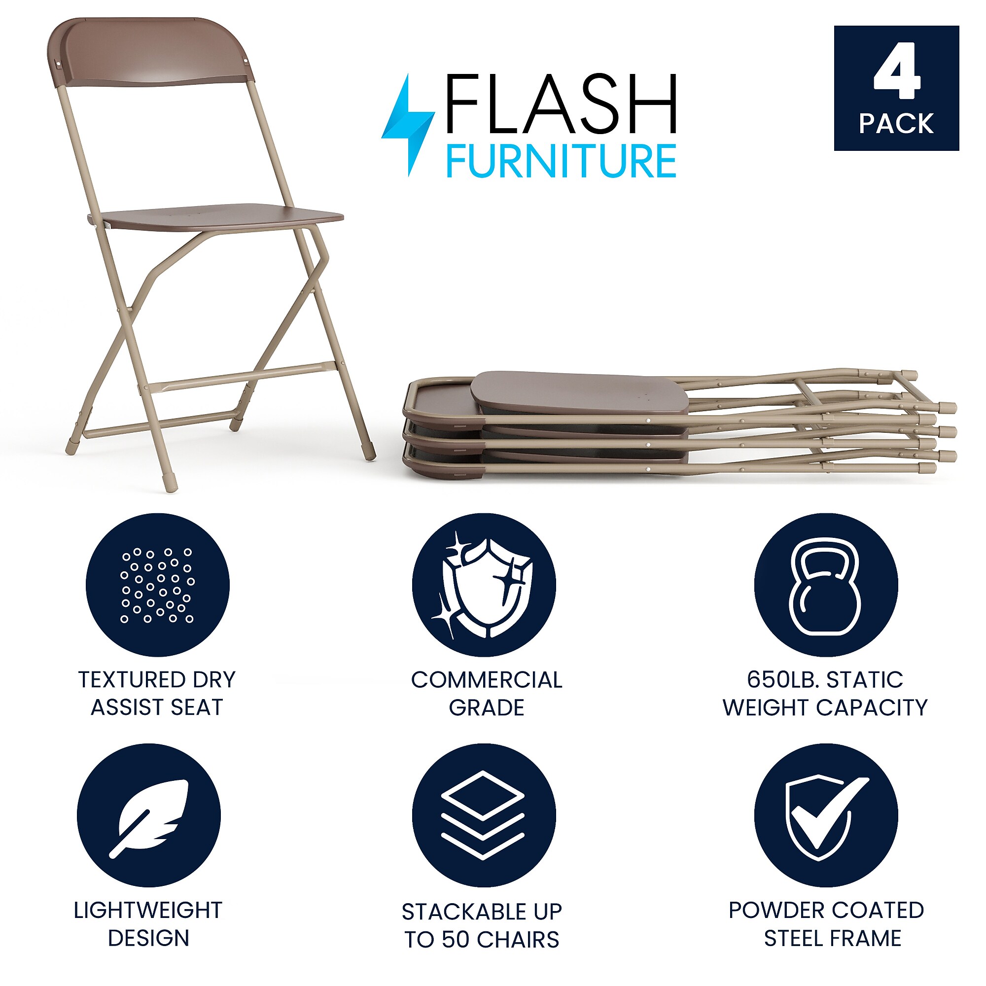 Flash Furniture HERCULES Plastic Folding Chair, Premium Brown, 4/Pack (4LEL3BRN) Sansujyuku sansujyuku.com