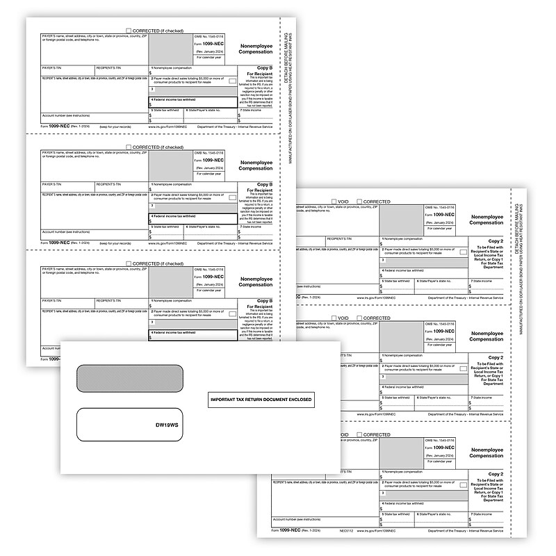ComplyRight 2024 1099-NEC Tax Form Envelopes/Recipient Copy Only, 2-Part, 3-Up, Copy B, C/2, 25/Pack (NEC6113E25) image 1