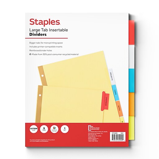 Staples Large Tab Insertable Paper Dividers, Assorted Colors