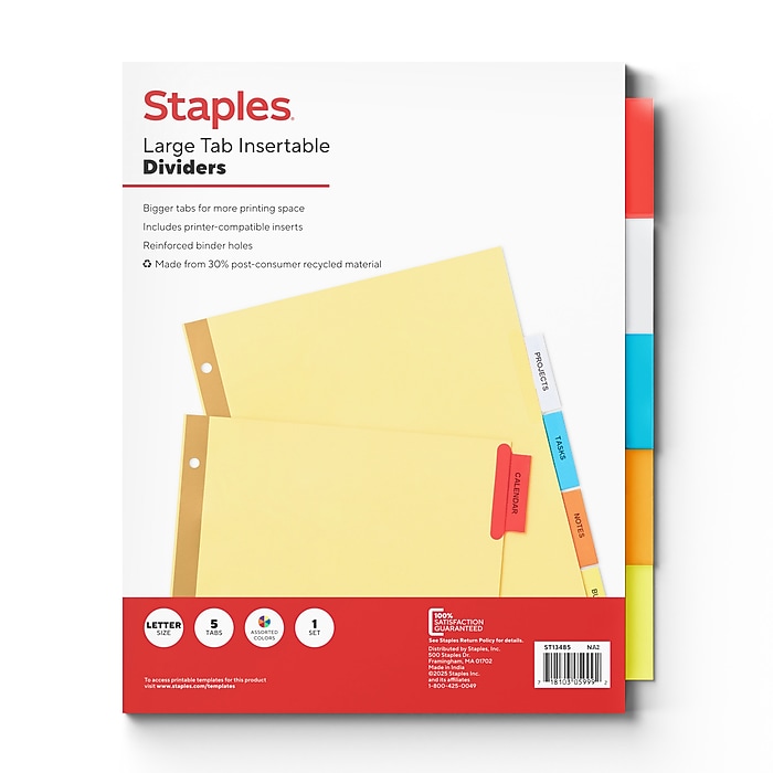 Staples Large Tab Insertable Paper Dividers, Assorted Colors, 5