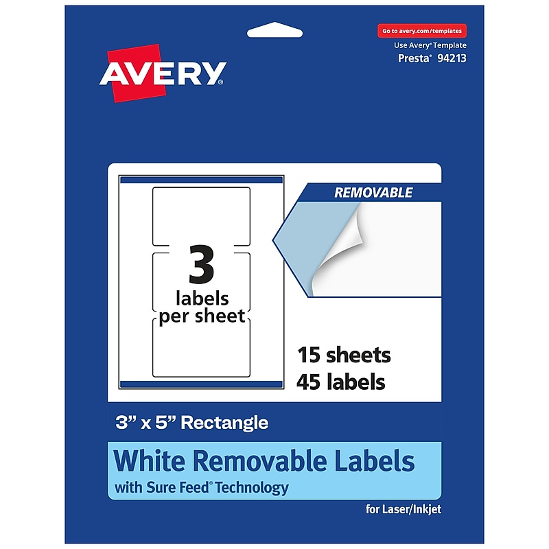 Avery Laser/Inkjet Multipurpose Rectangle Labels, 3" x 5", White, 45 Labels/Pack (94213) image 1