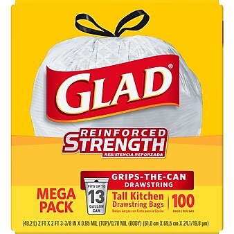 CloroxPro™ Glad ® ForceFlex Tall Kitchen Drawstring Trash Bags, 13 Gallon White Trash Bag, 100 Count (78374)