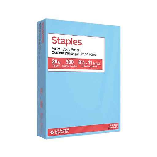  STP073060  Staples 30% Recycled Pastel Coloured Copy Paper -  Letter - 8-1/2 x 11 - Blue - 500 Pack