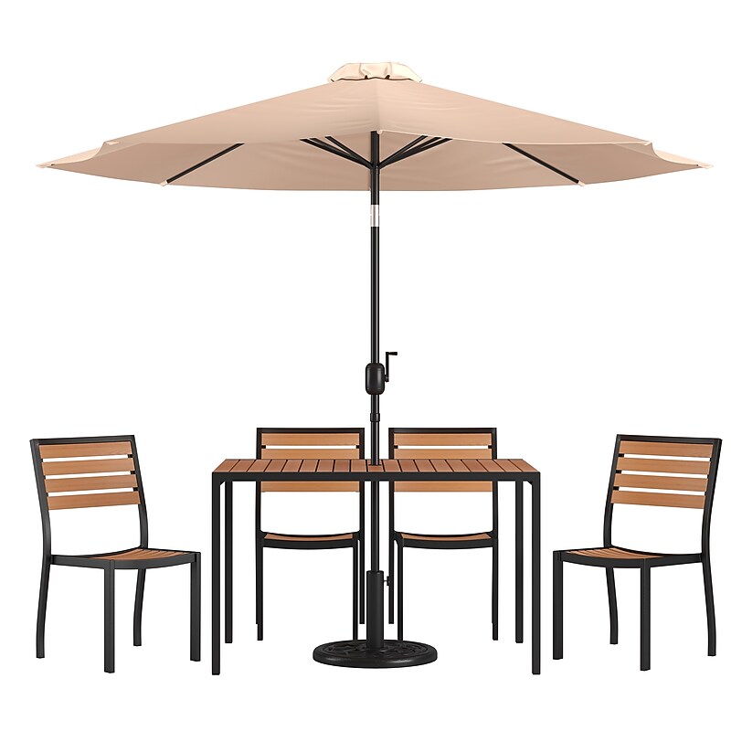 Flash Furniture Lark All-Weather Patio Table Set, Tan Umbrella, 7 Piece Set (X34834UB19BTN) image 1