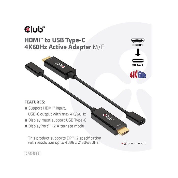 Club 3D HDMI to USB-C Video Adapter, Male to Female, Black (CAC