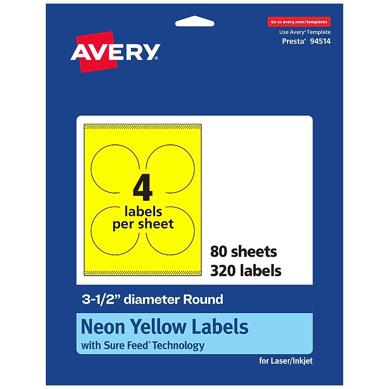Avery Laser/Inkjet Round Multipurpose Labels, 3.5" Dia., Neon Yellow, 320/Box (94514) image 1