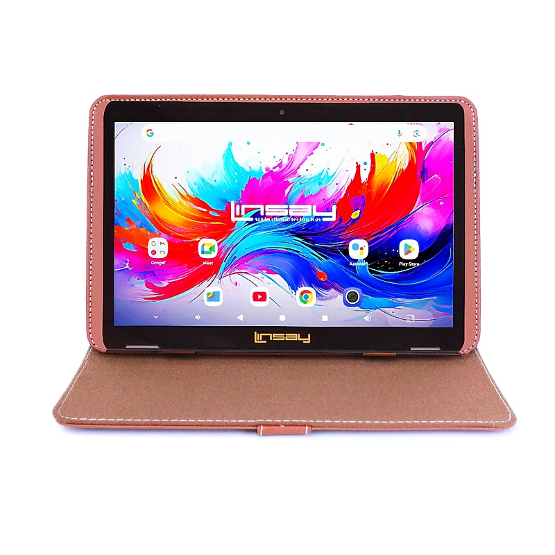 LINSAY F10 Series 10.1" Tablet, Wi-Fi, Octa Core, 256GB eMMC, Android 15, Brown Leather Case (F10IPGCLBROWNPLUS) image 1