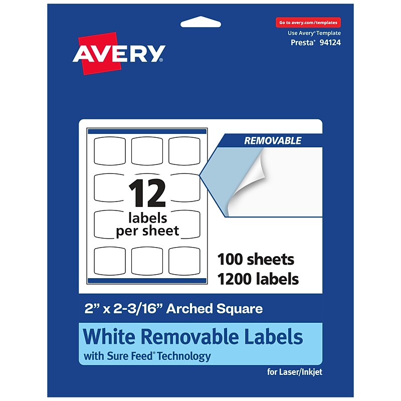 Avery Laser/Inkjet Square Multipurpose Labels, 2" x 2-3/16", White, 1200 Labels/Box (94124) image 1