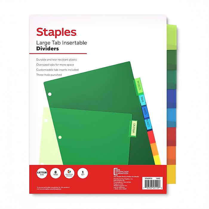 Staples Large Tab Insertable Plastic Dividers, Multicolor, 8-Tabs