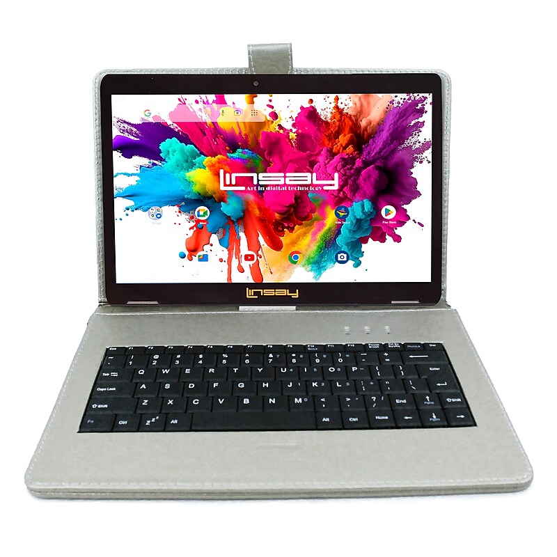 LINSAY® 10.1" OCTA CORE 128GB Storage Android 13 Tablet Dual Camera Android with Silver Keyboard and Pen Stylus image 1
