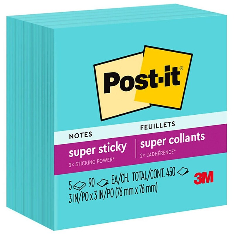 Post-it Super Sticky Notes, 3" x 3", Aqua Wave, 90 Sheets/Pad, 5 Pads/Pack (654-5AW) image 1